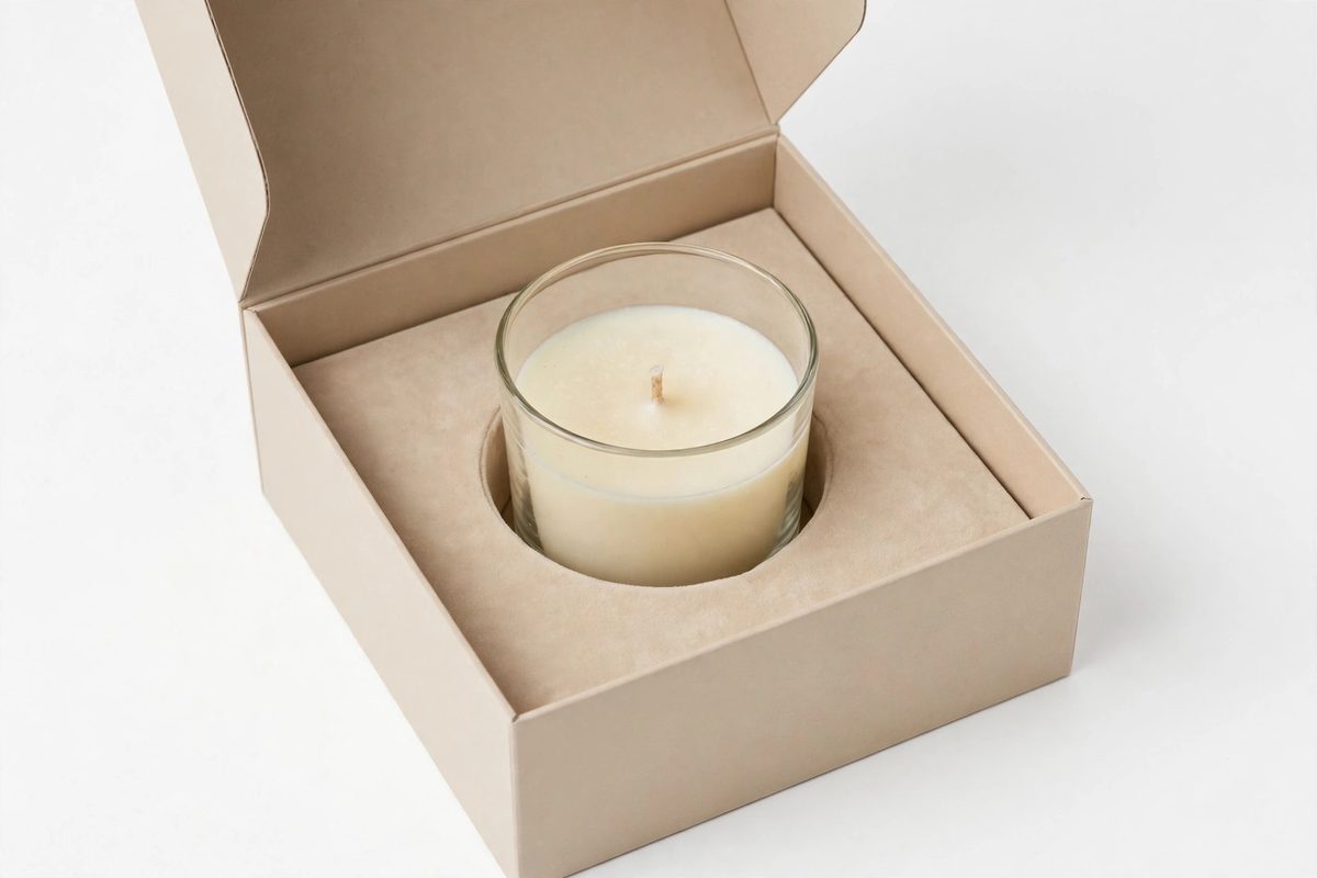 A candle in a glass jar inside an open rigid gift box with a fitted insert