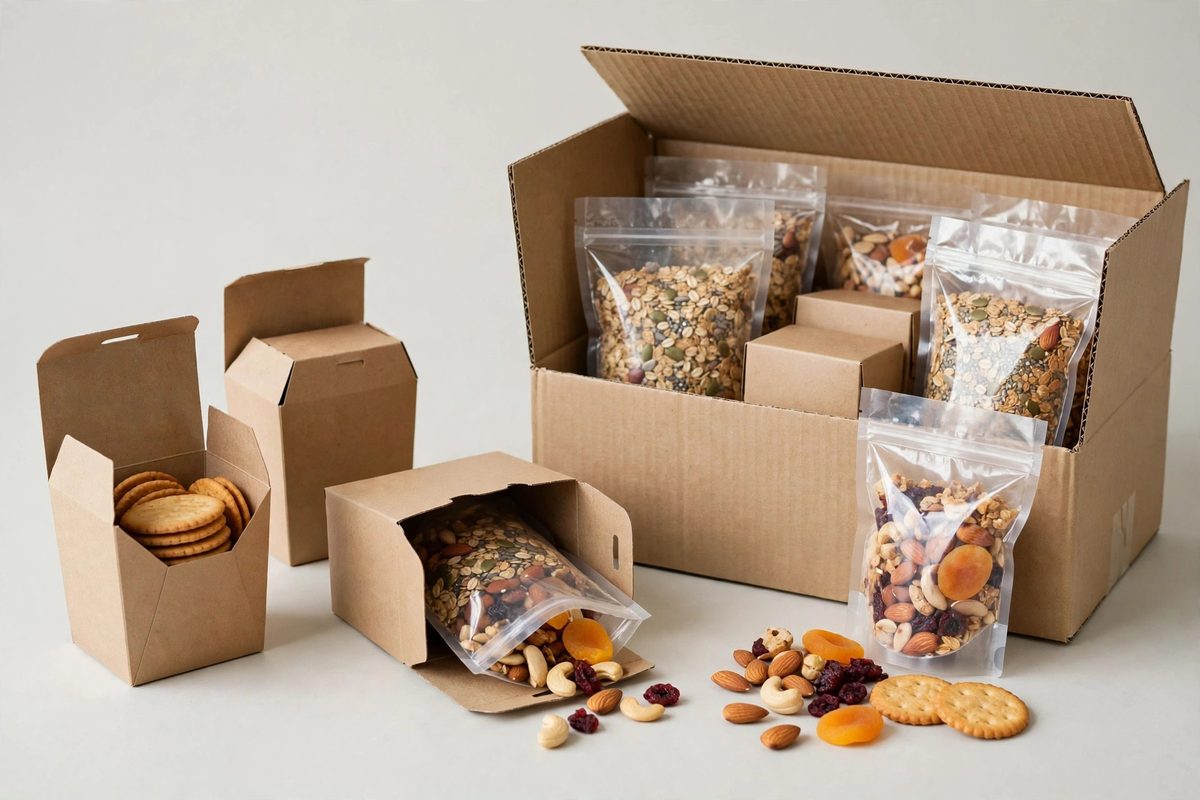 Retail food cartons and a shipping carton with packaged food products