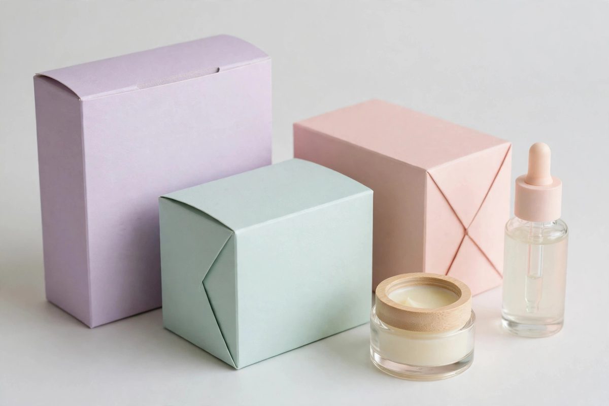 Skincare and cosmetics boxes in pastel colours with a cream jar and serum bottle