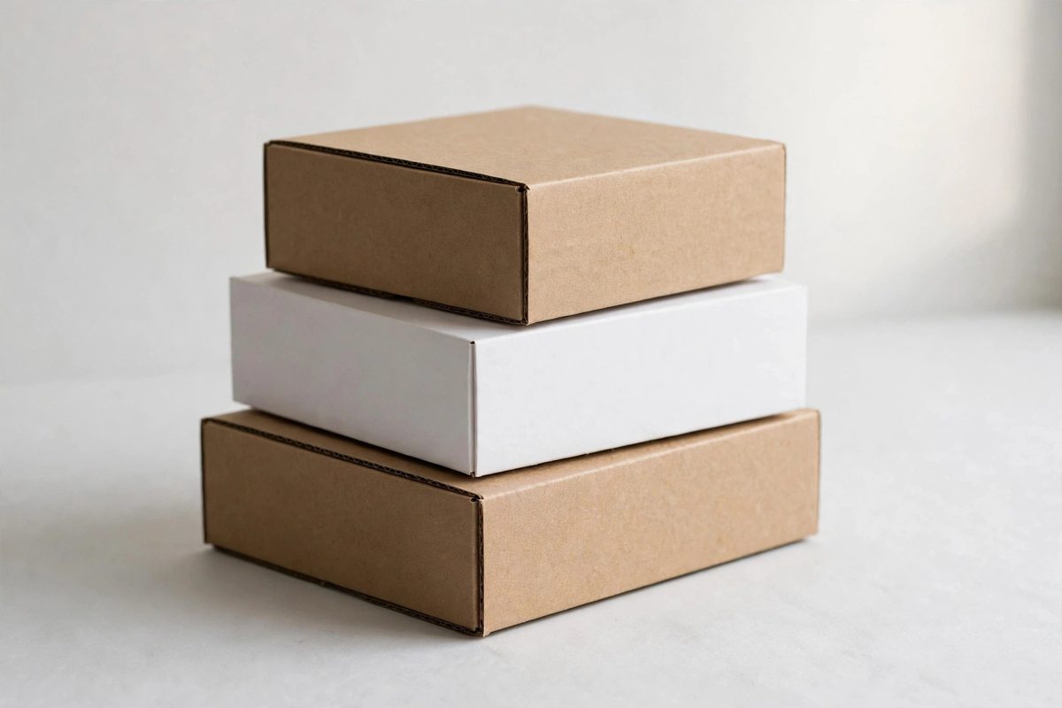 A small stack of custom kraft and white boxes, a first small order