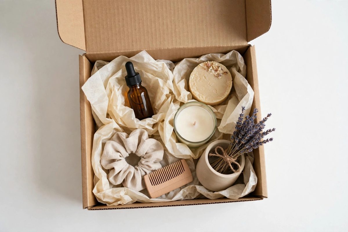 An open subscription mailer box filled with neatly arranged small products
